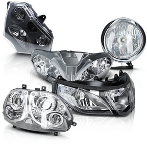 Verschiedene Motorrad-Scheinwerfer in verschiedenen Formen und Designs.
